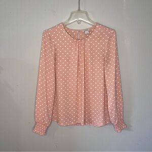 J Crew Polka Dot Blouse Peach White Smocked Cuffs Women’s‎ size S